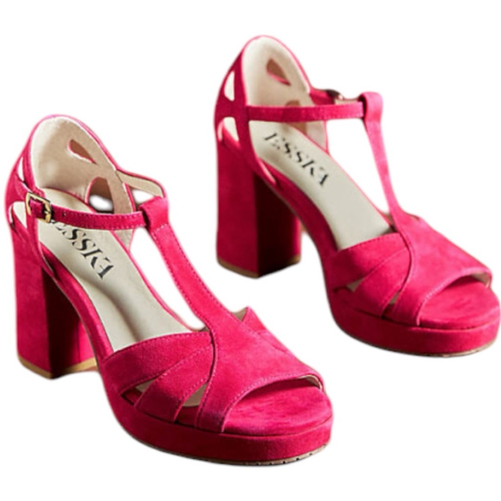 New Esska Anthropologie Valerie 10 Fuchsia T-Strap Suede Leather Platform Heels
